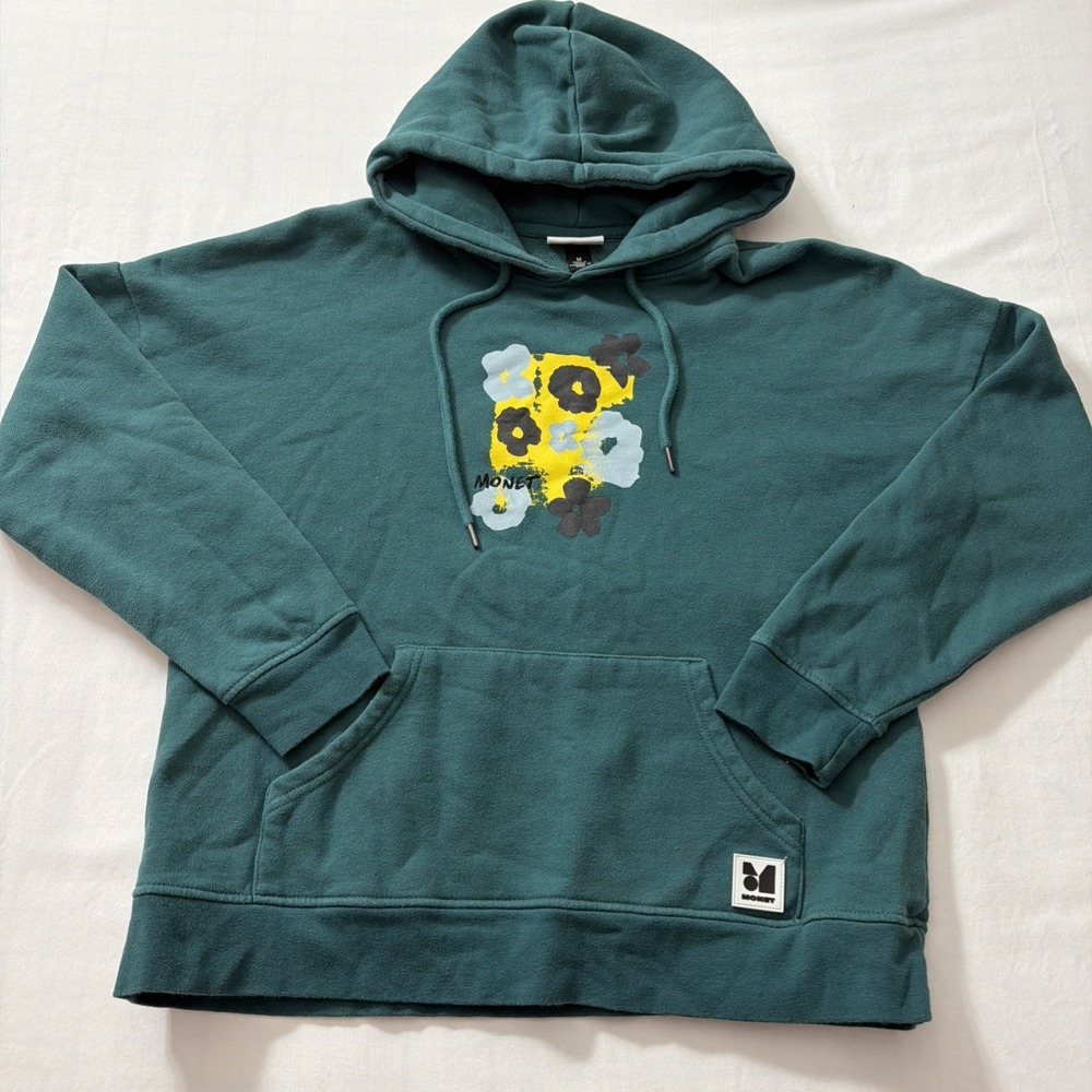 Monet Skateboards Hoodie Pullover Blurred Flowers Teal Green Mens Medium gym fit